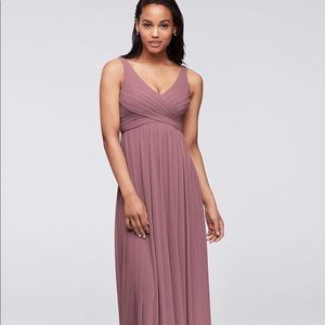 Long mesh bridesmaid dress with cowl back, quartz.